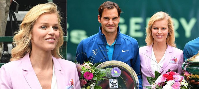 Krásná Eva Herzigová předala Federerovi vítěznou trofej na turnaji v Halle.