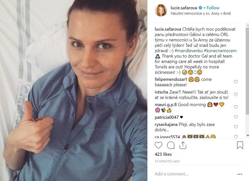 Lucie Šafářová poslala fanouškům vzkaz po operaci krčních mandlí.