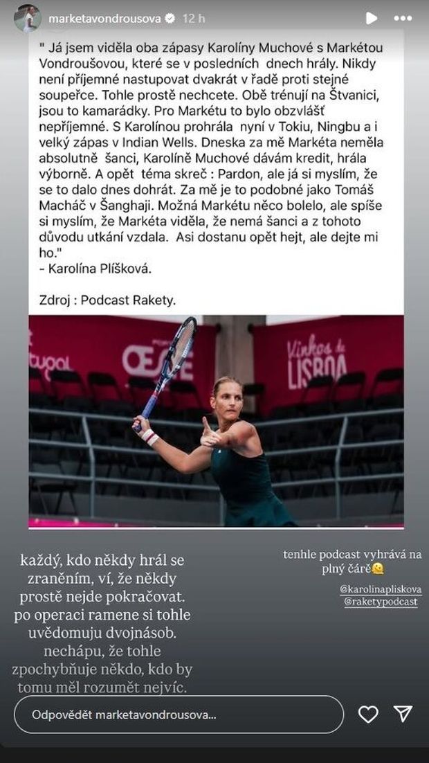 Reakce Markéty Vondroušové na kritiku od Karolíny Plíškové Reakce Markéty Vondroušové na kritiku od Karolíny Plíškové