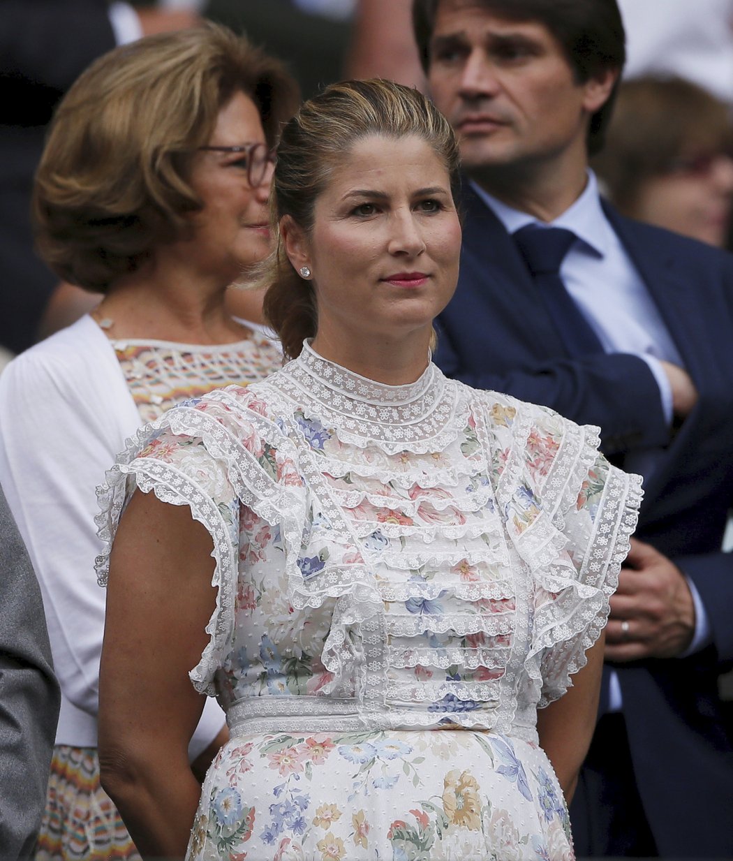 Manželka Rogera Federera Mirka na tribuně při wimbledonském finále