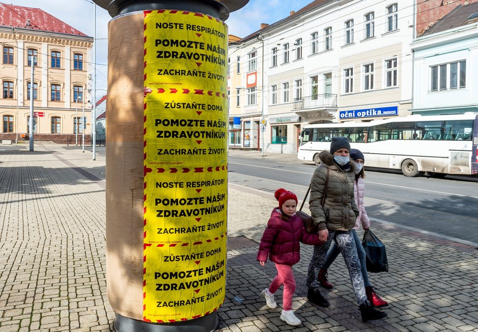 Plakáty vyzívající k pomoci zdravotníkům v centru Teplic (27. 2. 2021)