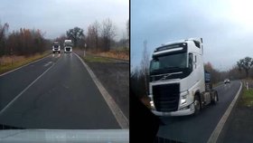 Řidič nákladního auta předjížděl přes plnou čáru a málem se srazil s protijedoucím vozem. (16. 11 . 2021)