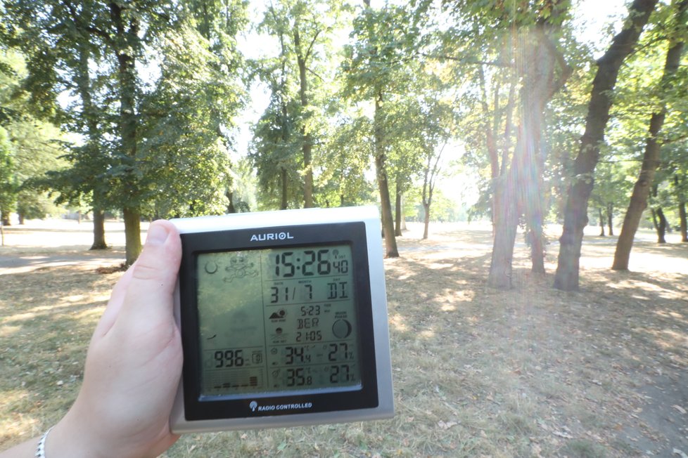 Ani ve Stromovce se člověk příliš neochladí. Ve stínu jsme naměřili bezmála 36 °C. Z Vltavy jde alespoň příjemný chladivý závan.