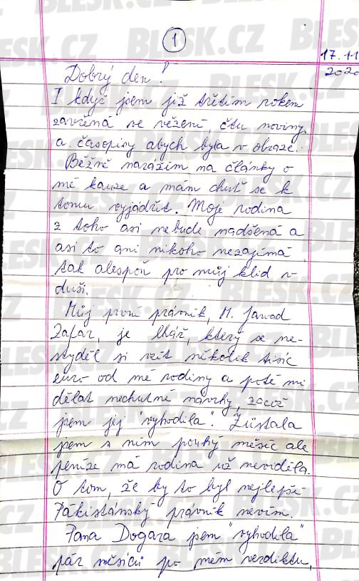 Pašeračka Tereza (24) poslala Blesku dopis z vězení.