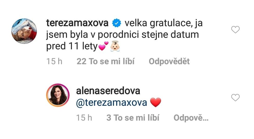 Tereza Maxová u příležitosti narození dcery Aleny Šeredové zavzpomínala na vlastní porod.