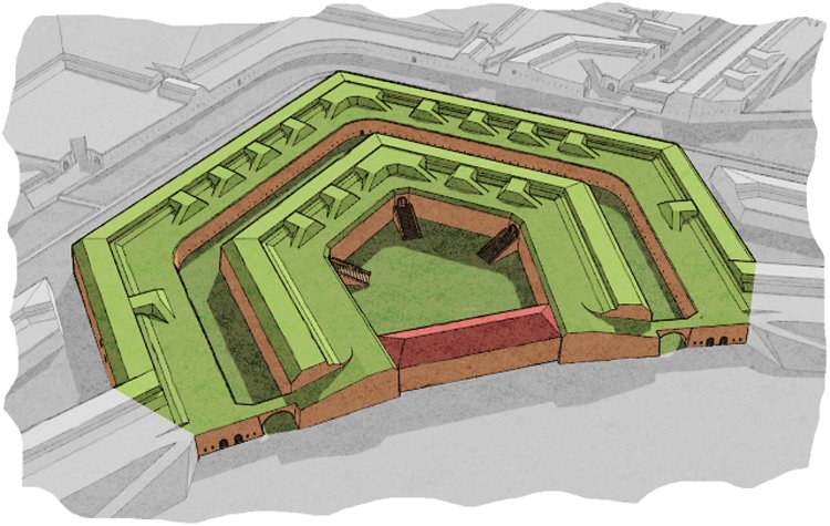 Hlavní pevnost zahrnovala osm pětibokých bastionů a šest trojúhelníkových ravelinů osazených desítkami děl