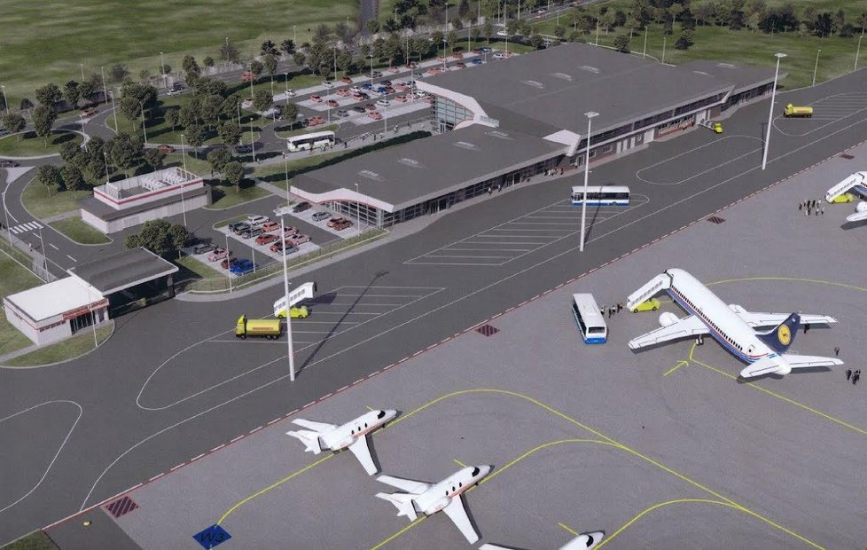 Takto by mohl ve finální verzi vypadat terminál pardubického letiště. Jeho dokončení se ale odhaduje na řadu let.