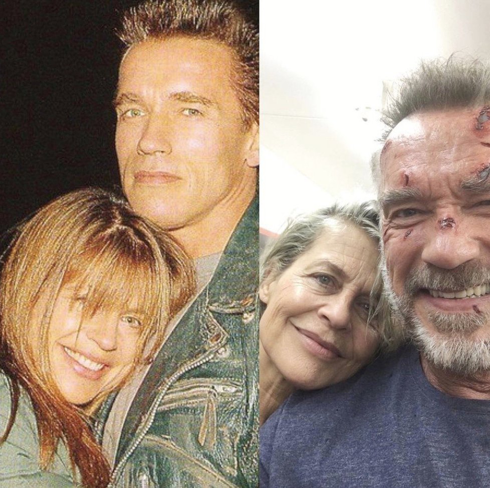 Linda Hamilton a Arnold Schwarzenegger při natáčení druhé a šestého Terminátora.