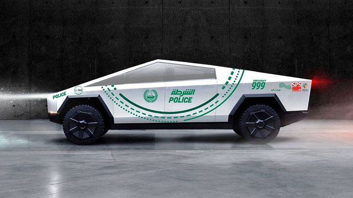 Tesla Cybertruck v policejních barvách