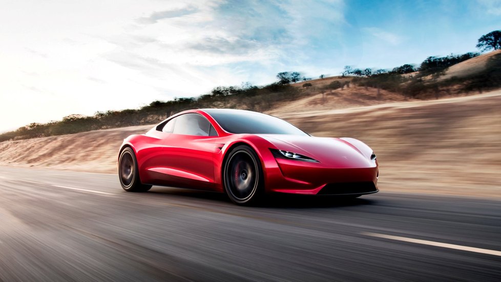 Tesla Roadster. Čtyřmístný automobil ujede na jedno nabití rekordních tisíc kilometrů. Z nuly na rychlost 100 kilometrů za hodinu se dostane za 1,9 sekundy. Na trhu by se měl objevit v roce 2020 při základní ceně 200 000 dolarů.