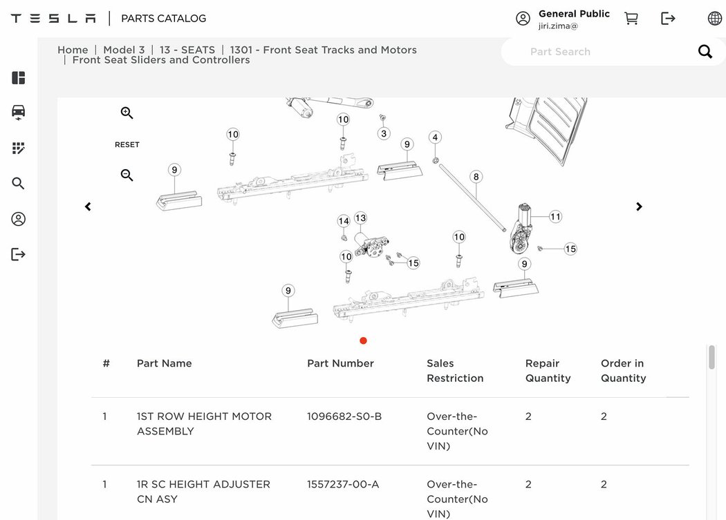 Do systému náhradních dílů má automaticky přístup každý s Tesla účtem. Lze zde najít potřebné komponenty včetně obrázků ve vysokém rozlišení a produktového kódu.