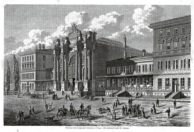 Reprodukce kresby Františka Chalupy ukazuje, jak nádraží vypadalo v roce 1876.