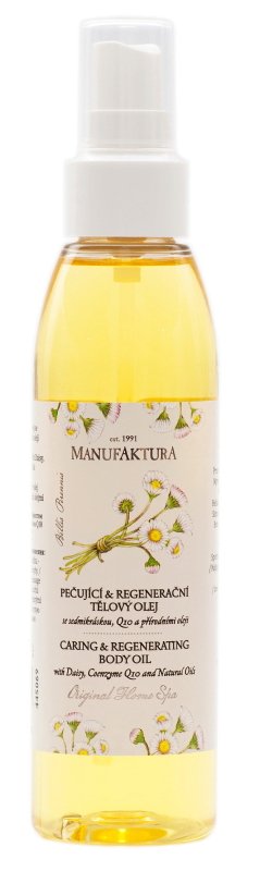 Pečující & regenerační tělový olej se sedmikráskou, Q10 a přírodními oleji Manufaktura, 249 Kč (155 ml). Seženete na www.manufaktura.cz.