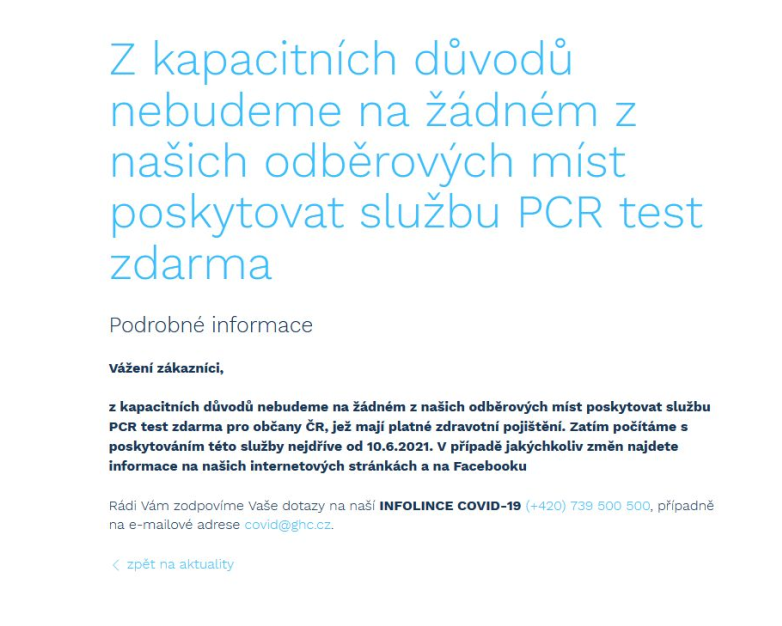 Některá testovací centra zatím neposkytují PCR testy zdarma
