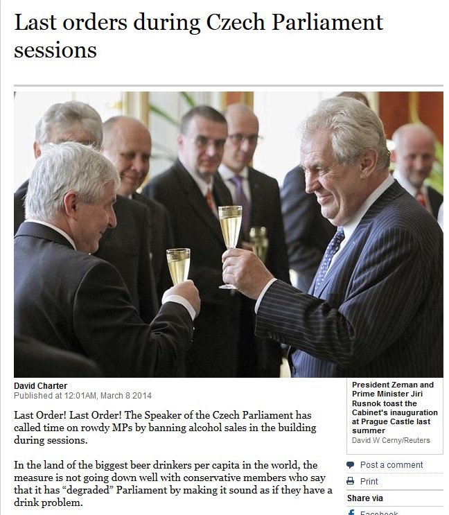 Zákazem prodeje alkoholu ve české sněmovně se zabýval i londýnský list The Times