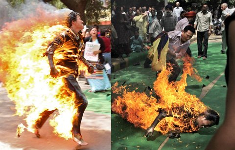 Mladý Tibeťan se zapálil při demonstraci před indickým parlamentem.