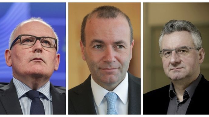 Spitzenkandidáti (lídři) eurostran pro volby do Evropského parlamentu 2019: Frans Timmermans (socialisté), Manfred Weber (lidovci) a Jan Zahradil (konzervativci a reformisté)