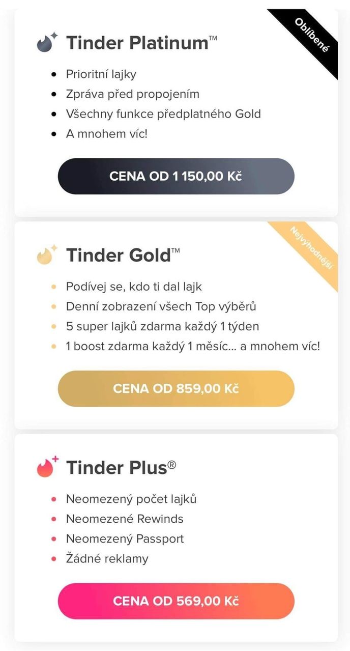 Balíček Tinder Gold vyjde 29letého muže na 859 korun.