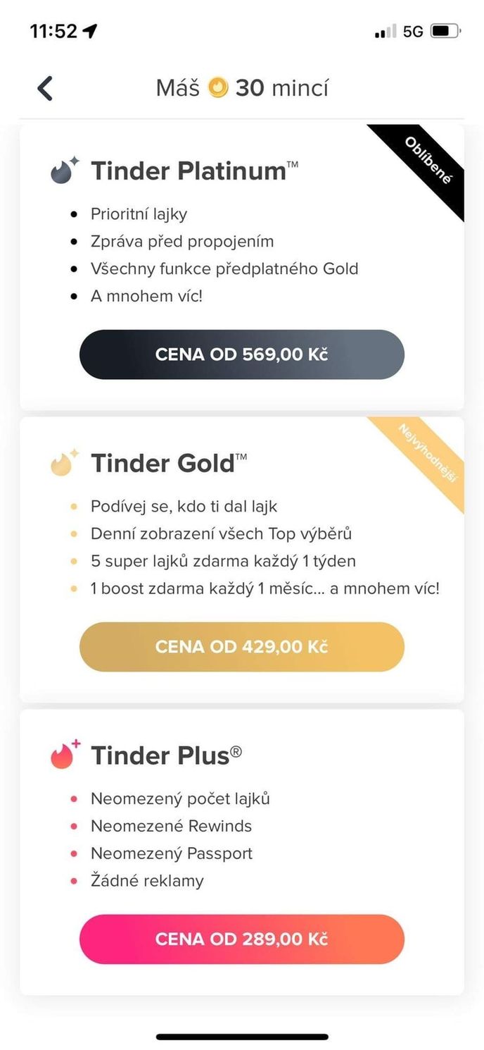 Balíček Tinder Gold vyjde 22letou ženu na 429 korun.