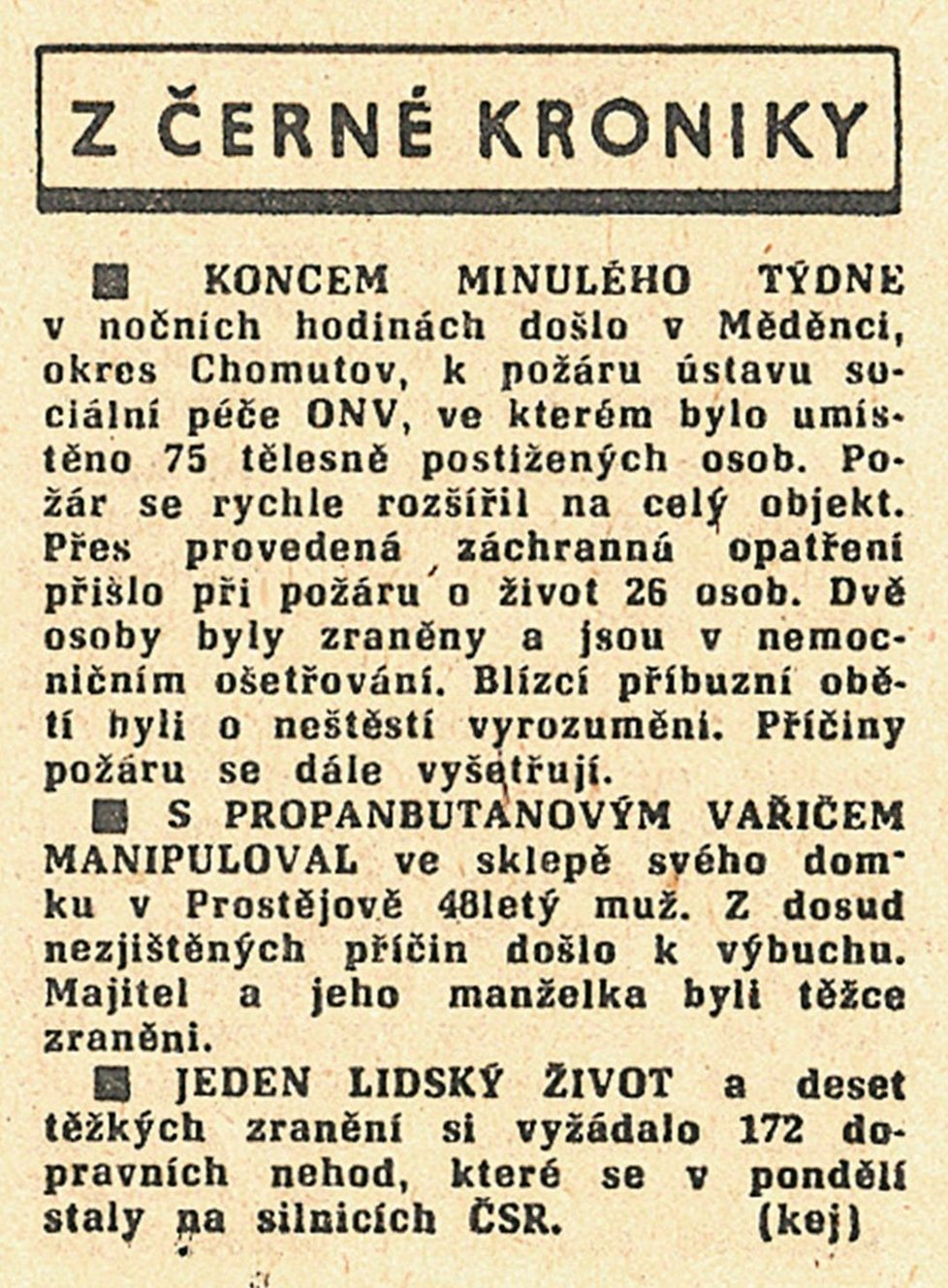 Zpráva z dobového tisku o požáru ústavu sociální péče v Měděnci v roce 1984