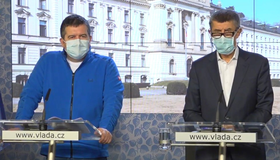 Premiér Andrej Babiš a vicepremiér Jan Hamáček na tiskové konferenci, (19.03.2020).
