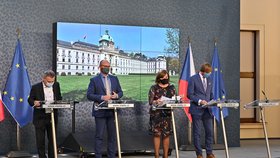 Tisková konference o koronaviru: Ministr kultury Lubomír Zaorálek, ministr školství Robert Plaga, ministryně financí Alena Schillerová a ministr zdravotnictví Adam Vojtěch (30.4.2020)