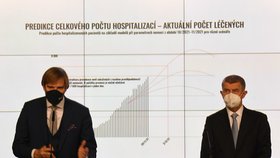 Zleva ministr zdravotnictví Adam Vojtěch a premiér Andrej Babiš vystoupili na tiskové konferenci po mimořádné schůzi vlády v demisi, která projednávala nová opatření proti šíření onemocnění covid-19 (25. 11. 2021).