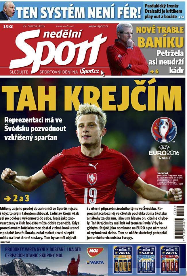 Titulní strana nedělního vydání deníku Sport