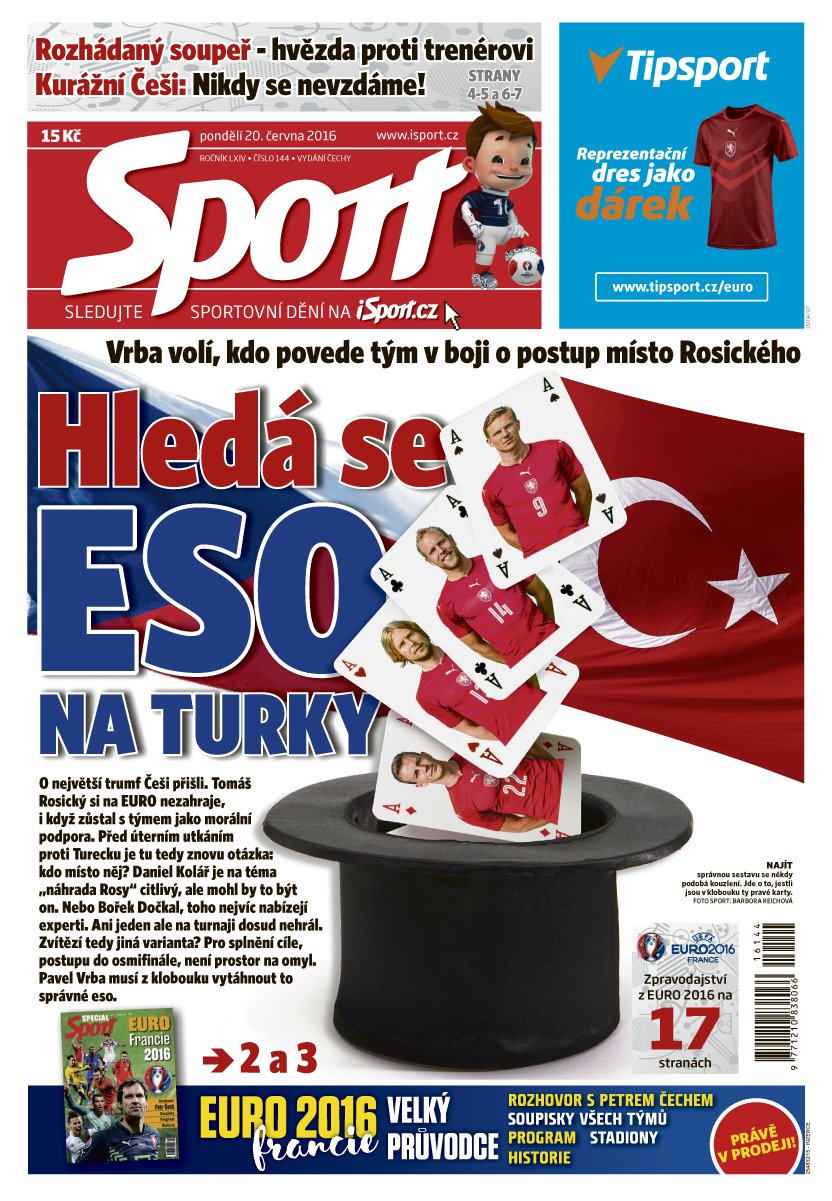 Titulní strana pondělního vydání deníku Sport