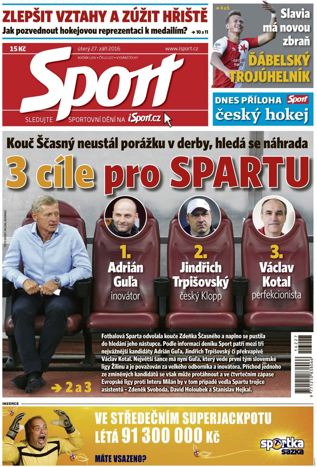 Titulní strana úterního vydání deníku Sport