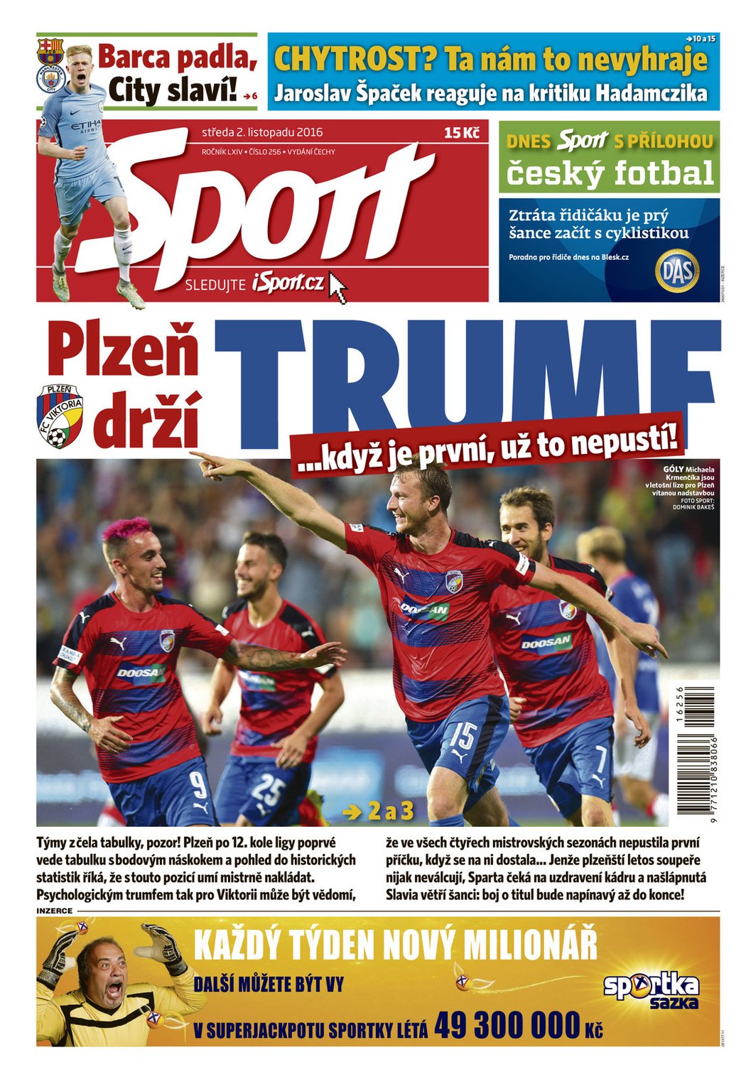 Titulní strana středečního vydání deníku Sport