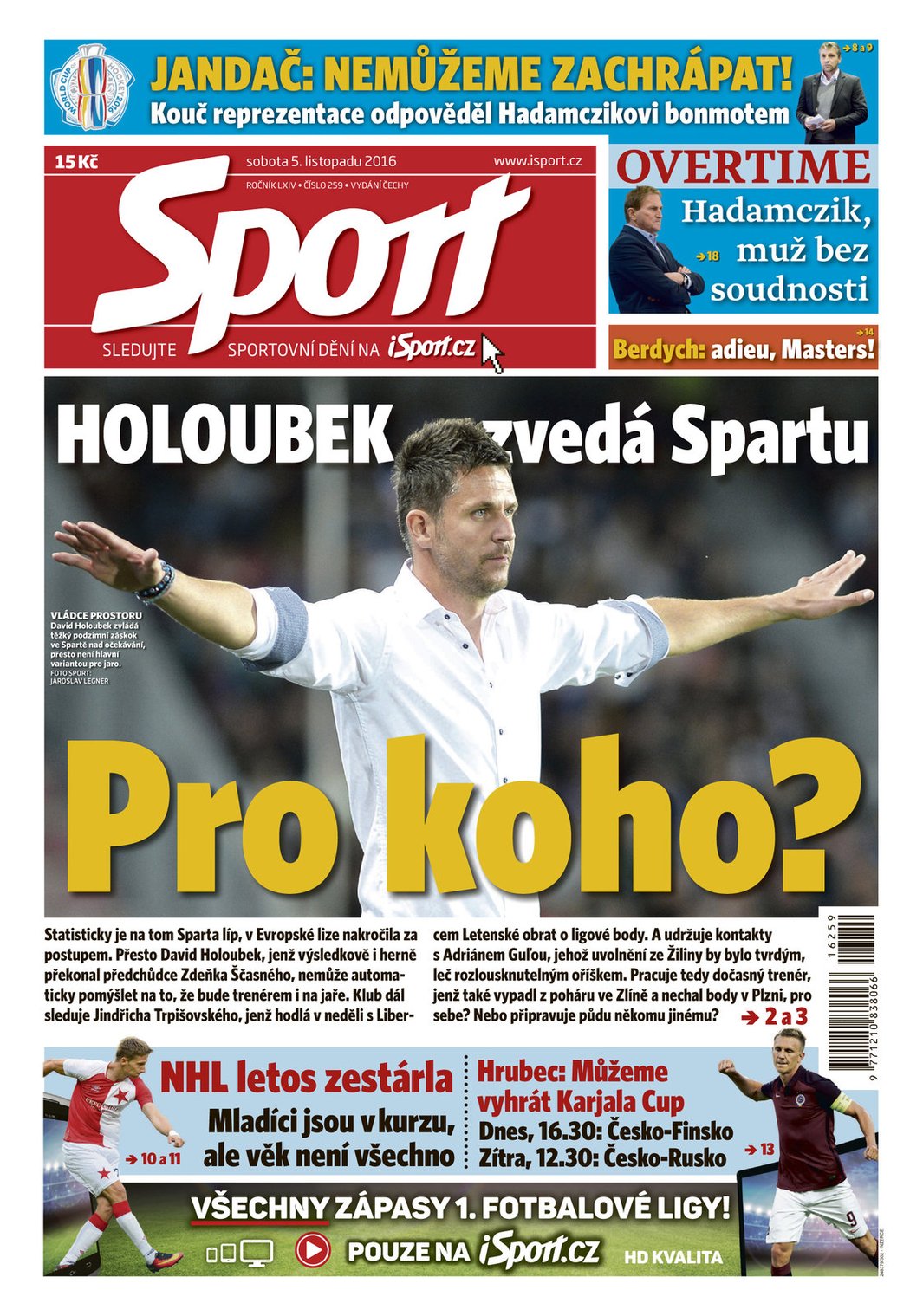Titulní strana sobotního vydání deníku Sport