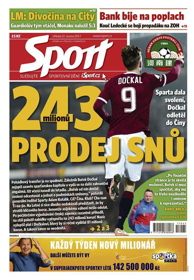 Titulní strana středečního vydání deníku Sport