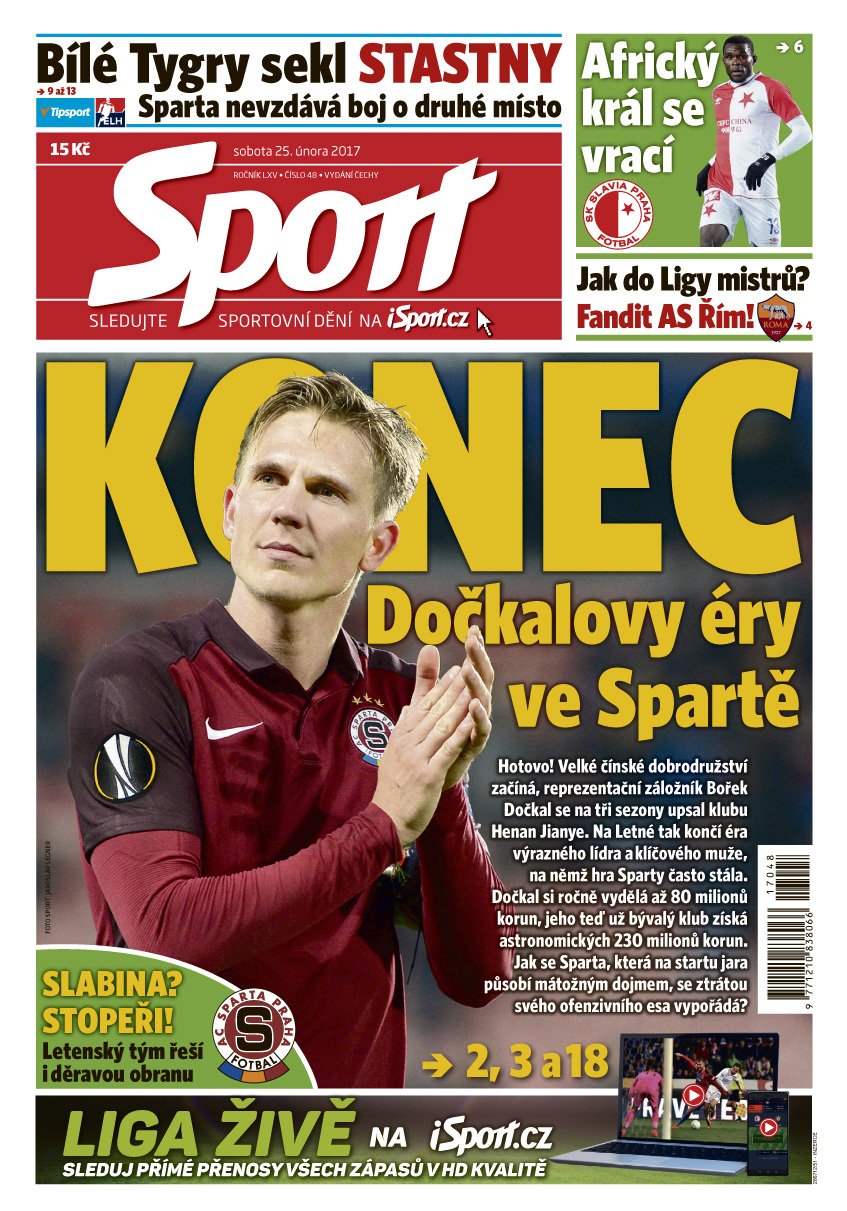 Titulní strana sobotního vydání deníku Sport