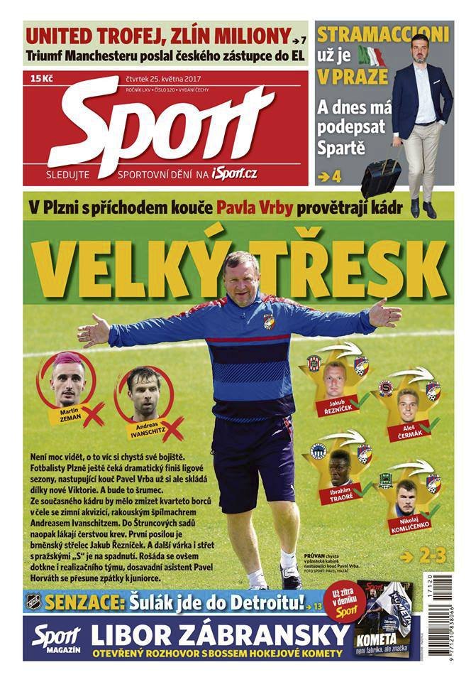 Titulní strana čtvrtečního deníku Sport