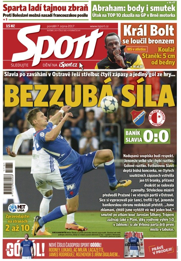 Titulní strana pondělního vydání deníku Sport