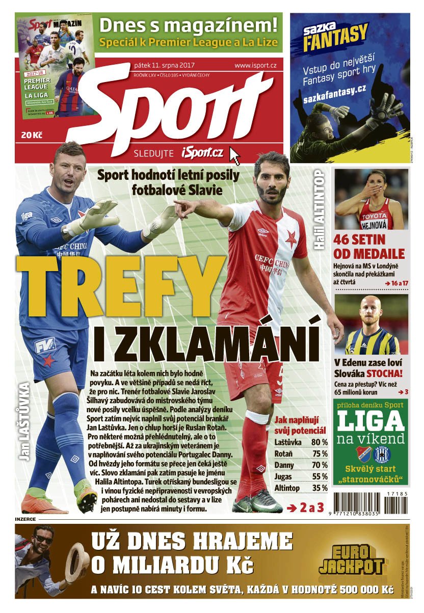 Titulní strana pátečního vydání deníku Sport