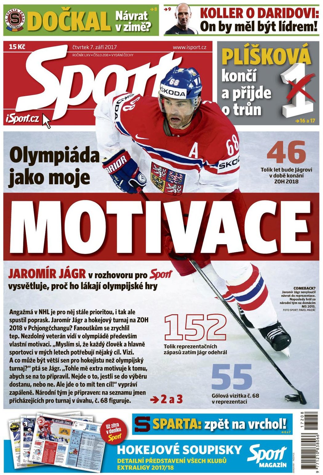 Titulní strana čtvrtečního vydání deníku Sport