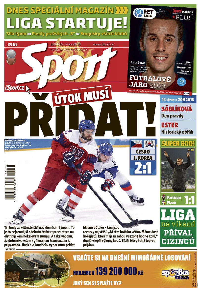 Titulní strana pátečního vydání deníku Sport