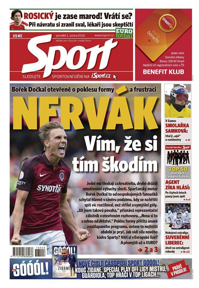 Titulní strana pondělního vydání deníku Sport