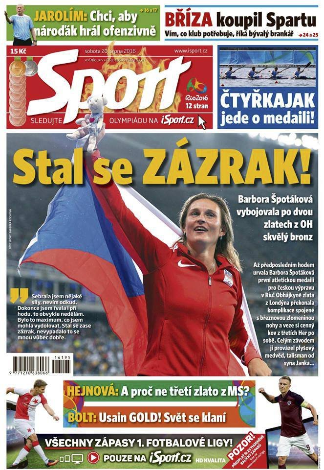 Titulní strana sobotního vydání deníku Sport