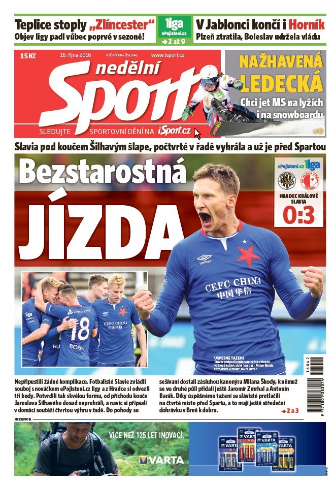 Titulní strana nedělního vydání deníku Sport