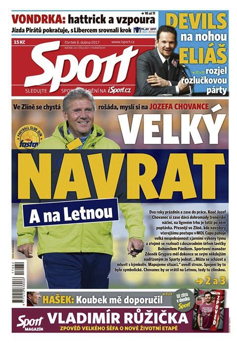 Titulní strana čtvrtečního vydání deníku Sport