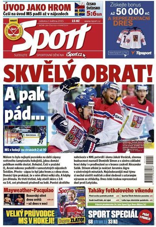 Titulní strana sobotního deníku Sport - 2.5. 2015