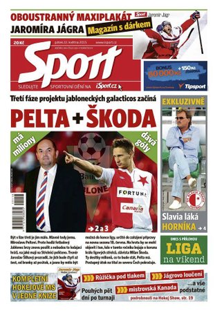 Titulní strana pátečního deníku Sport - 22.5. 2015