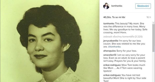Tom Hanks se na sociální síti vyznal z lásky ke své mamince, která v úterý zemřela.