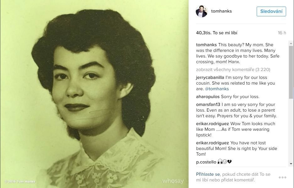 Tom Hanks se na sociální síti vyznal z lásky ke své mamince, která v úterý zemřela.