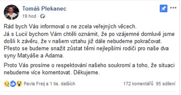 Tomáš Plekanec oznámil rozchod s Lucií Vondráčkovou.
