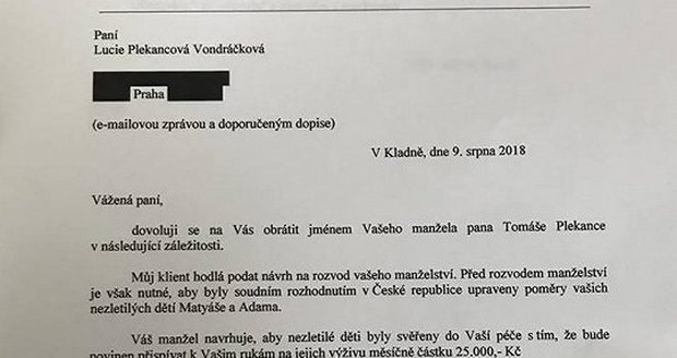 První verze dopisu pro Lucii Vondráčkovou od Tomáše Plekance prostřednictvím právníka, která je prý podvrh.