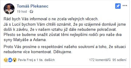 Tomáš Plekanec oznámil rozchod s Lucií Vondráčkovou.